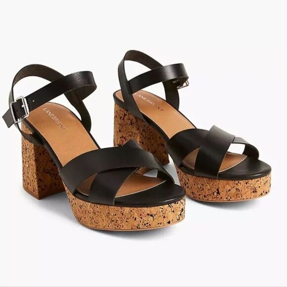 Lane Bryant NWT Dream Cloud Black Faux Leather Cork Platform Heels Sz 10 WIDE - Picture 1 of 8